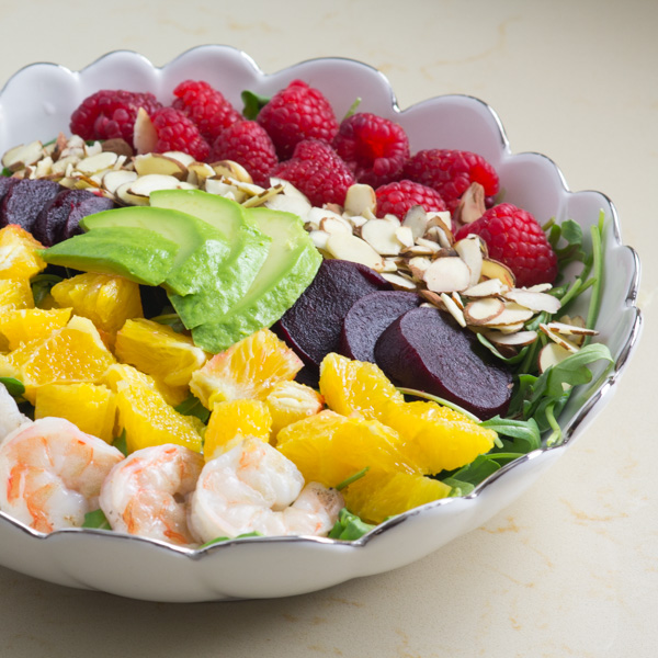 Valentine’s Day Salad | Shrimp and Arugula Salad with Raspberry Vinaigrette