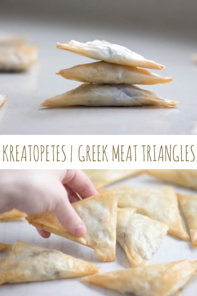 Kreatopetes | Greek Meat Triangles - a delicious greek appetizer recipe that includes cheesy meat wrapped in buttery flaky phyllo.